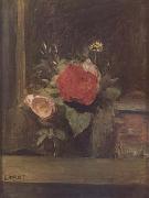 Jean Baptiste Camille  Corot Bouquet de fleurs dans un verre a cote d'un pot a tabac (mk11) oil painting on canvas
